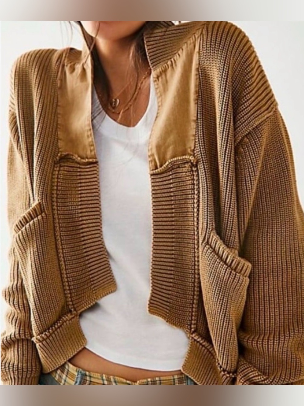 Free People - We The lFree Open-Front Ribbed Cardigan Sweater - Camel Brown. XS